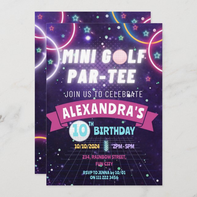 Glow Mini Golf Birthday Party Girl Invitation (Front/Back)