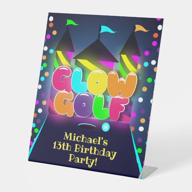 Glow Miniature Golf Birthday Party Pedestal Sign (Front)