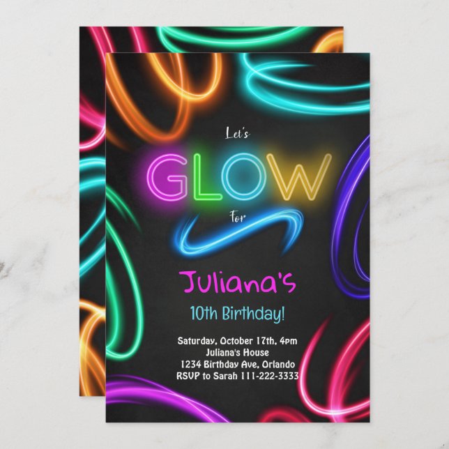 Glow Neon Birthday Party Invitation (Front/Back)