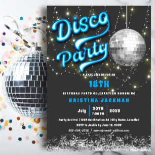 Glow Neon Blue Disco Birthday Party Invitation