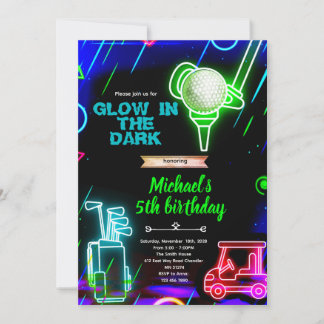 Glow neon golf birthday party invitation