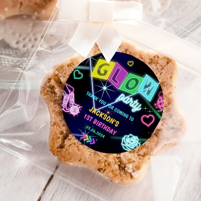 Glow Neon Lights Thank You Birthday Party Classic Round Sticker (Creator Uploaded)