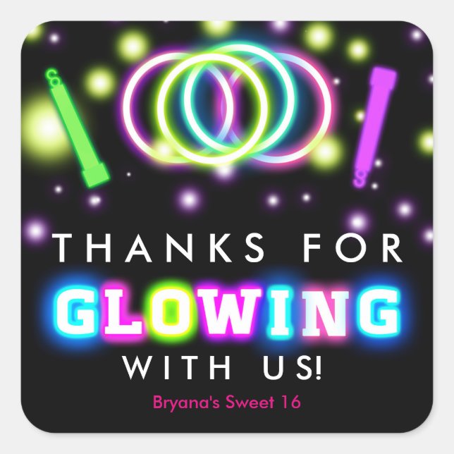 Glow Neon Lights Thank You Birthday Party Stickers (Front)