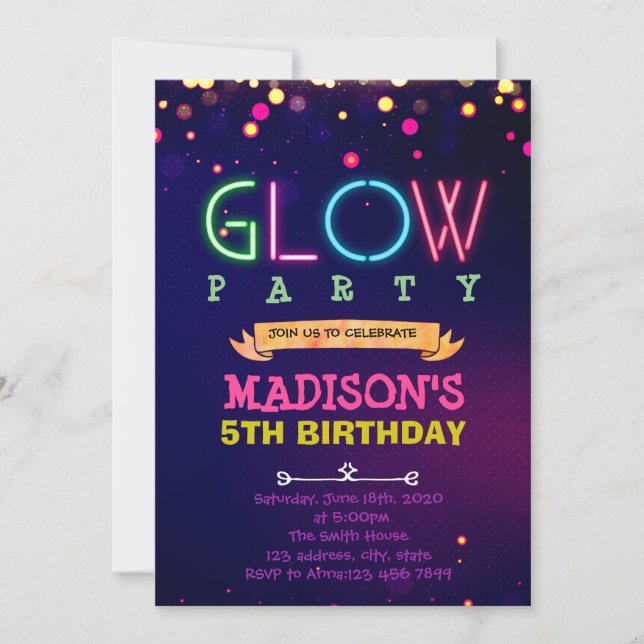 Glow party birthday invitation (Front)
