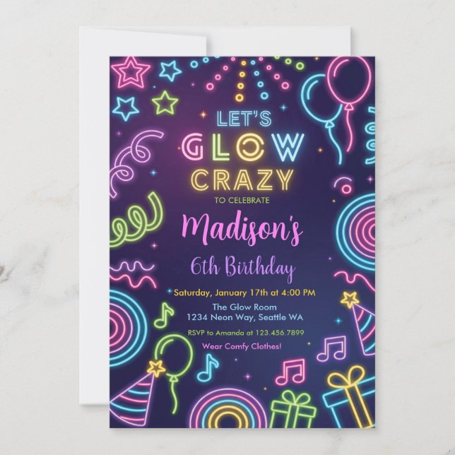 Glow Party Birthday Invitation, Neon Glow Theme Invitation (Front)