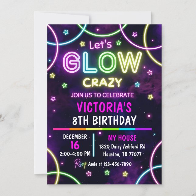 Glow Party Birthday Invitation, Neon Party Invitation (Front)