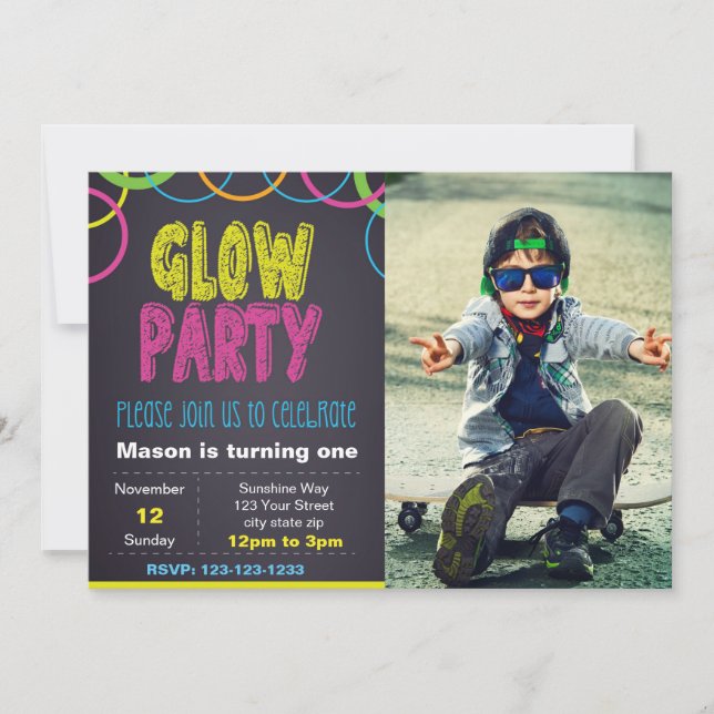 Glow Party Birthday Invitation with photo (Front)