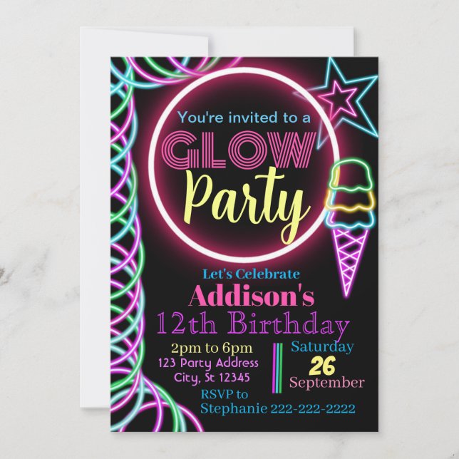 Glow Party Invitation, Neon Birthday Party Invitation (Front)