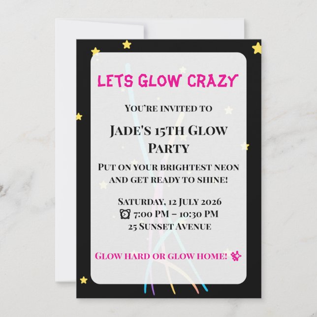 Glow Party Invitation| Teen/Adult Party  Invitation (Front)