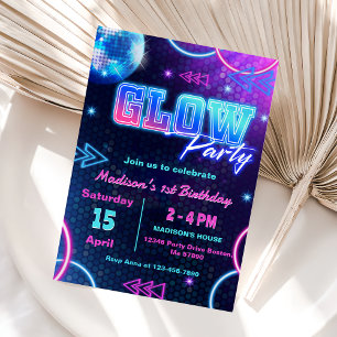 Glow Party Neon Colourful Birthday Party Invitatio Invitation