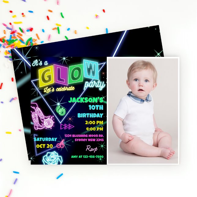 Glow Party Neon Colourful Birthday Party Invitatio Invitation (Creator Uploaded)