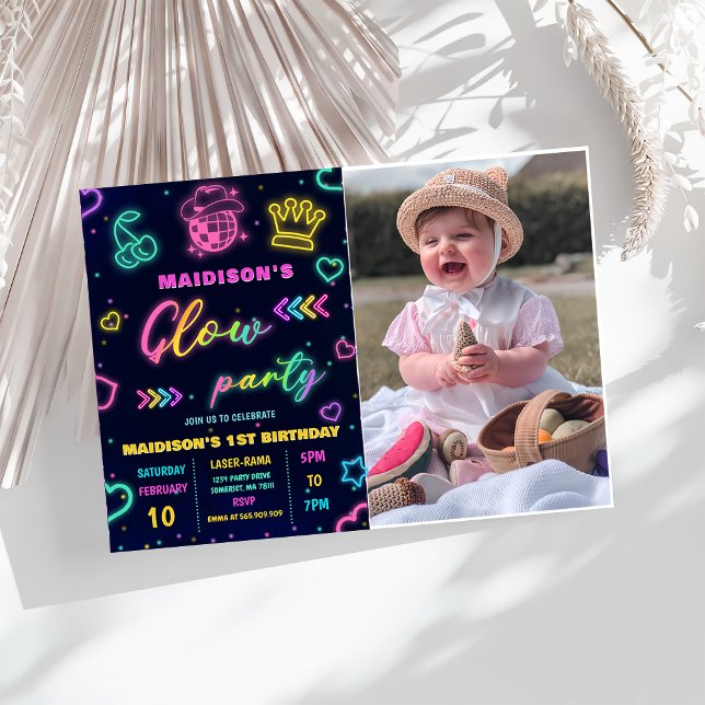 Glow Party Neon Colourful Birthday Party Photo  Invitation (Creator Uploaded)