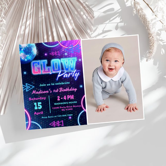 Glow Party Neon Colourful Birthday Party Photo Invitation (Creator Uploaded)