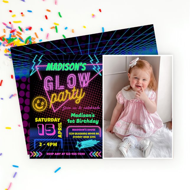 Glow Party Neon Colourful Birthday Party Photo  Invitation (Creator Uploaded)