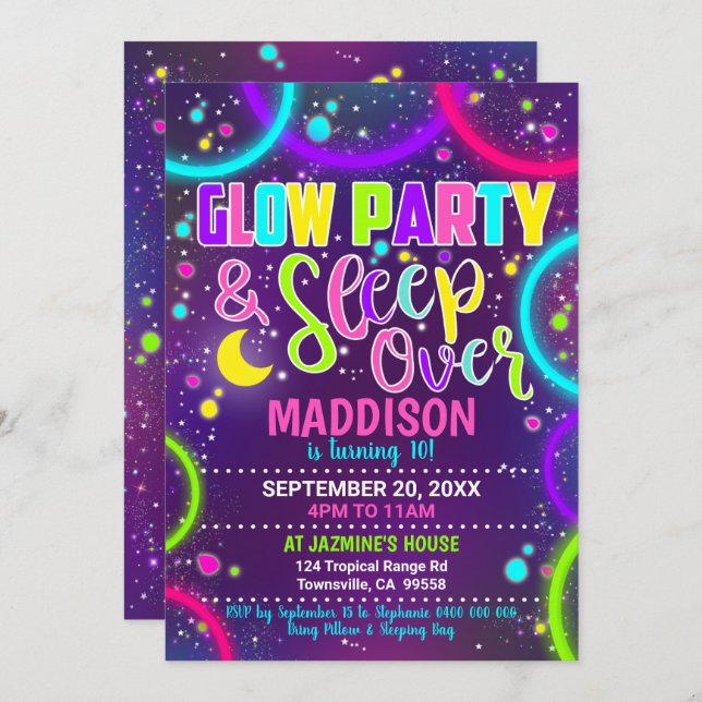 Glow Party Sleep over Invitation Slumber (Front/Back)