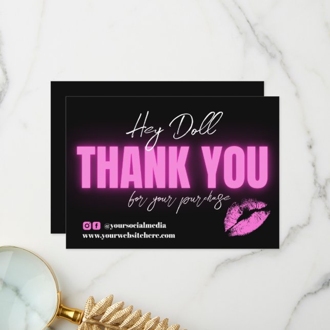 Glow Pink Neon Thank You Card with a Kiss Icon (Front/Back In Situ)