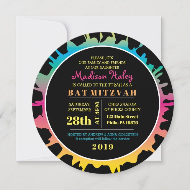 GLOW Rainbow Splash Bar Bat Mitzvah Invitation (Front)