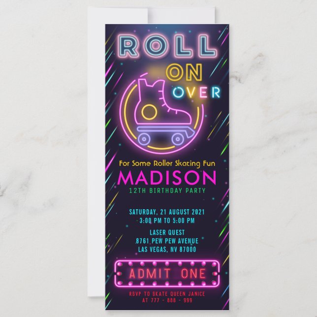Glow Roller Skating Ticket Pass Birthday Invitation (Front)