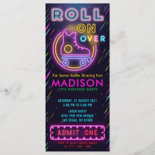 Glow Roller Skating Ticket Pass Birthday Invitation