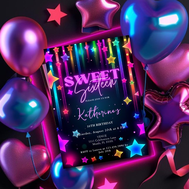Glow Sweet 16 Sixteen Retro 80s Neon Bright Invitation (Glow Sweet 16 Sixteen Retro 80s Neon Bright Invitation)