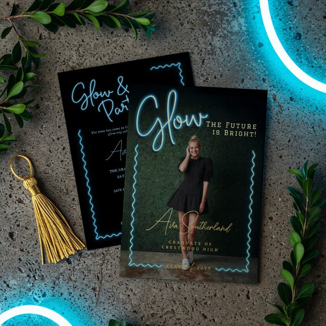 Glow The Future is Bright Fun Blue Neon Graduation (Glow The Future is Bright Fun Blue Neon Graduation Foil Invitation)