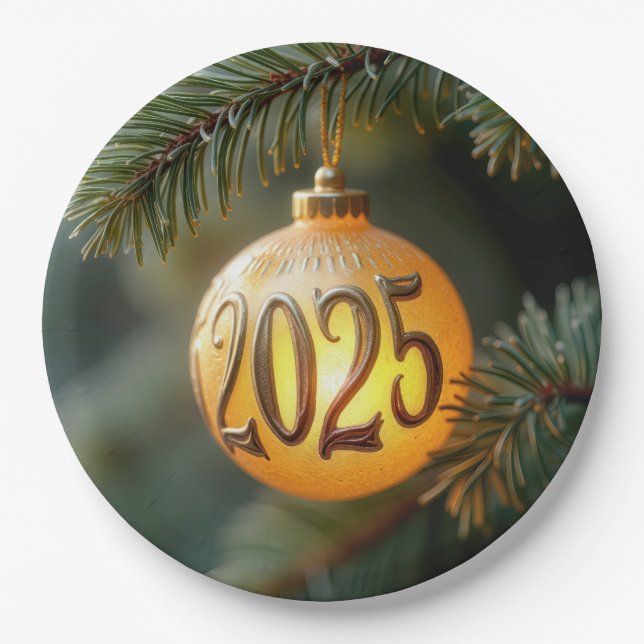 Glowing 2025 Christmas Ornament Paper Plate (Front)