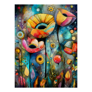Glowing abstract flowers in vibrant colors poster