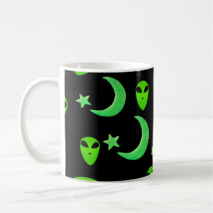 Glowing Aliens, Crescent Moon and Stars on Black Coffee Mug