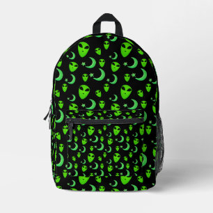 Glowing Aliens, Crescent Moon and Stars on Black Printed Backpack
