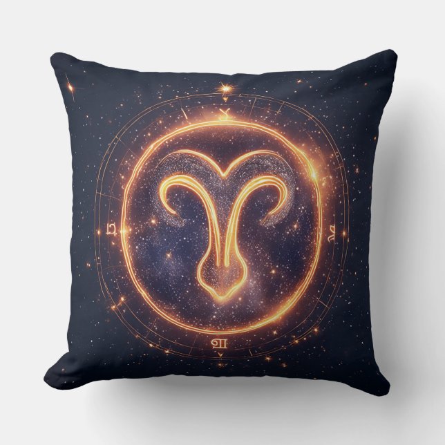 Glowing Aries Zodiac Symbol on a Starry Space Cushion (Front)