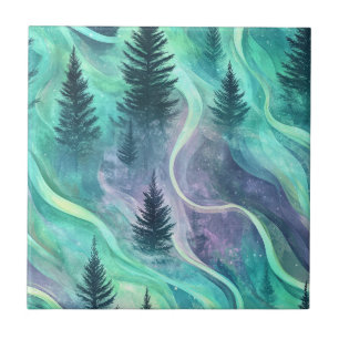 Glowing Aurora Over Pine Forest Night Scene Ceramic Tile