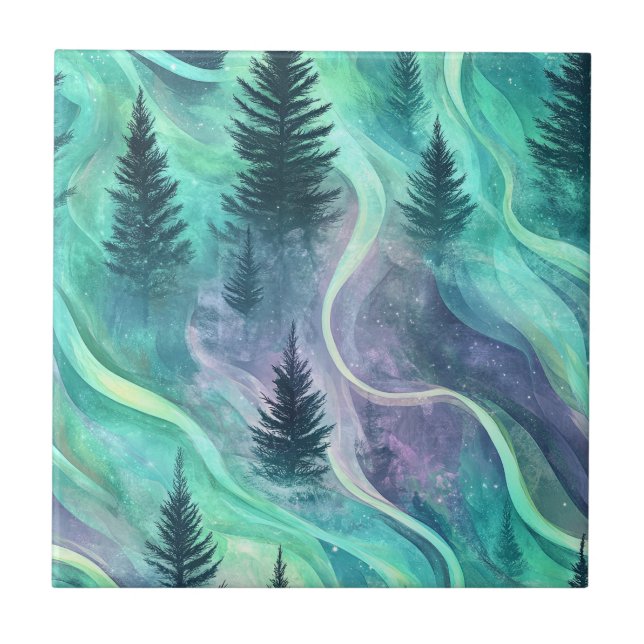 Glowing Aurora Over Pine Forest Night Scene Ceramic Tile (Front)
