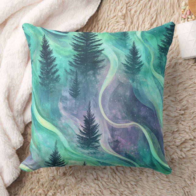 Glowing Aurora Over Pine Forest Night Scene Cushion (Blanket)