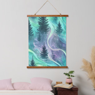 Glowing Aurora Over Pine Forest Night Scene Hanging Tapestry