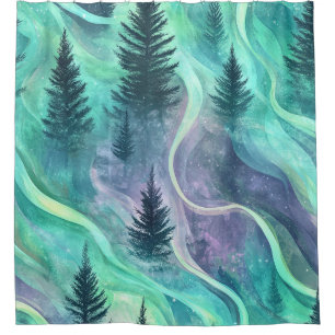 Glowing Aurora Over Pine Forest Night Scene Shower Curtain