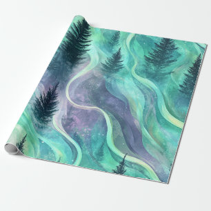 Glowing Aurora Over Pine Forest Night Scene Wrapping Paper