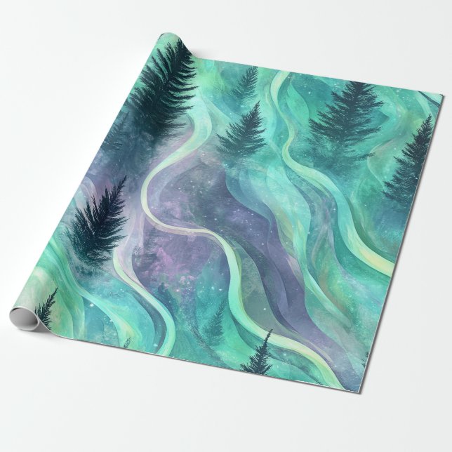 Glowing Aurora Over Pine Forest Night Scene Wrapping Paper (Unrolled)