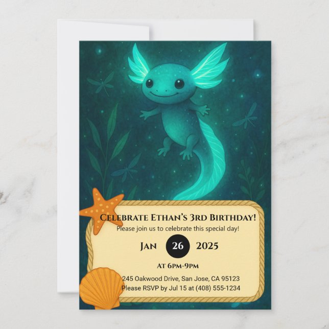 Glowing Axolotl in Magical Underwater Birthday Invitation (Front)
