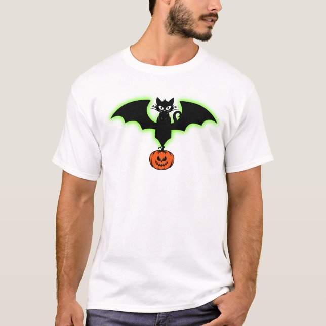 Glowing Bat Wing Cat & Pumpkin Halloween T-Shirt (Front)