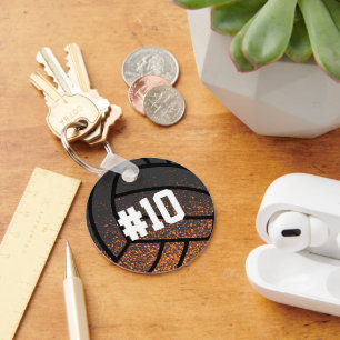 Glowing Black and Orange Fire Volleyball Monogram Key Ring
