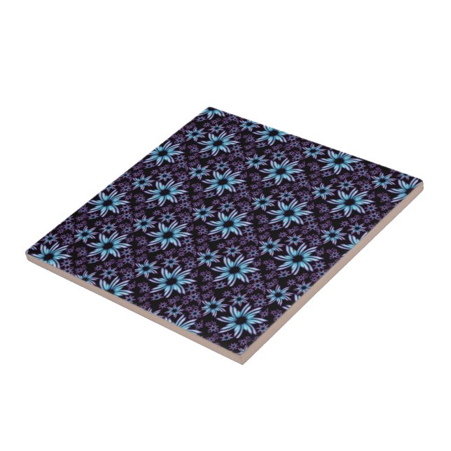 Glowing Blue and Purple Floral Design Ceramic Tile (Side)