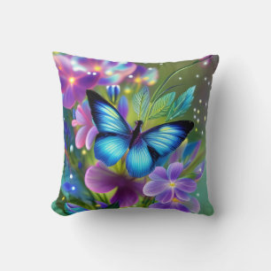 Glowing Blue Butterfly in Fairy Garden  Cushion