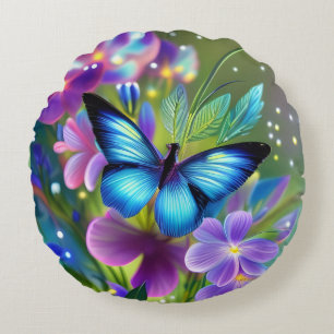 Glowing Blue Butterfly in Fairy Garden  Round Cushion