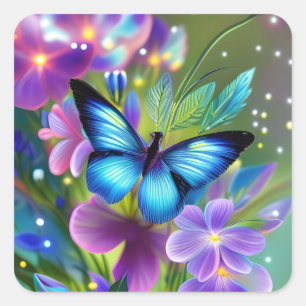 Glowing Blue Butterfly in Fairy Garden Square Sticker