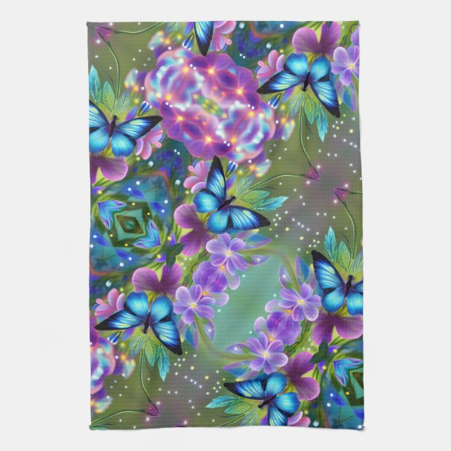 Glowing Blue Butterfly in Fairy Garden  Tea Towel (Vertical)