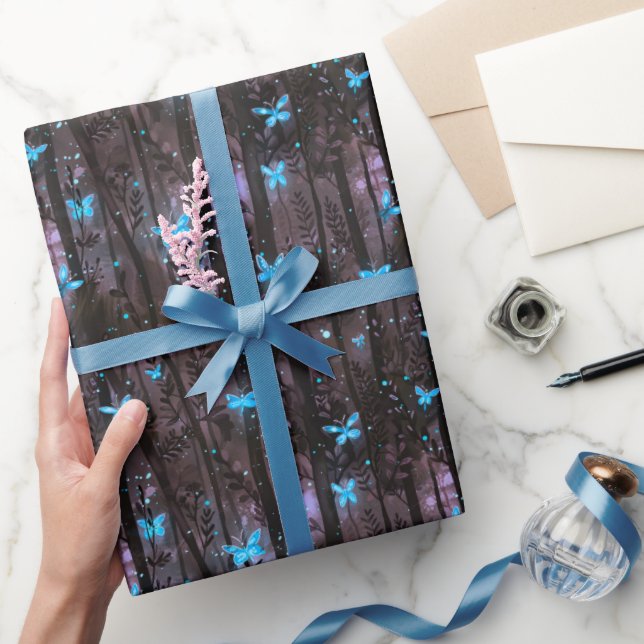 Glowing Blue Fireflies in Enchanted Midnight Fores Wrapping Paper (Gifting)
