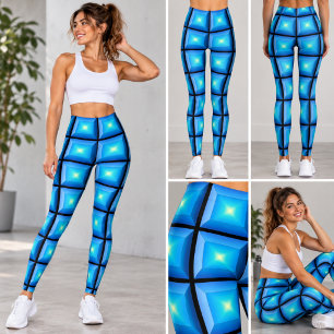 Glowing Blue Geometric Grid Optical Illusion Art Leggings