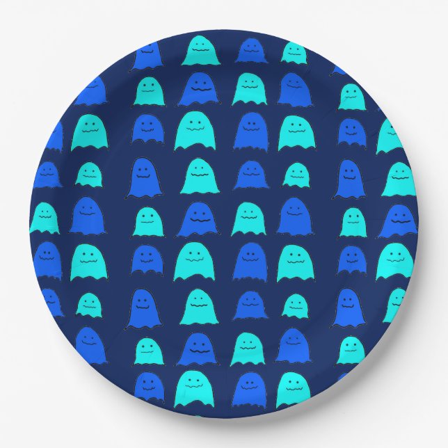 Glowing Blue Halloween Ghosts Paper Plate (Front)