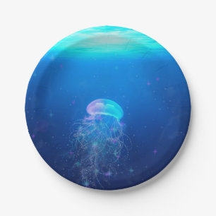Glowing blue jellyfish swimming in mystical ocean paper plate