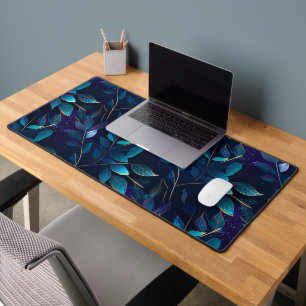 Glowing Blue Leaves Desk Mat